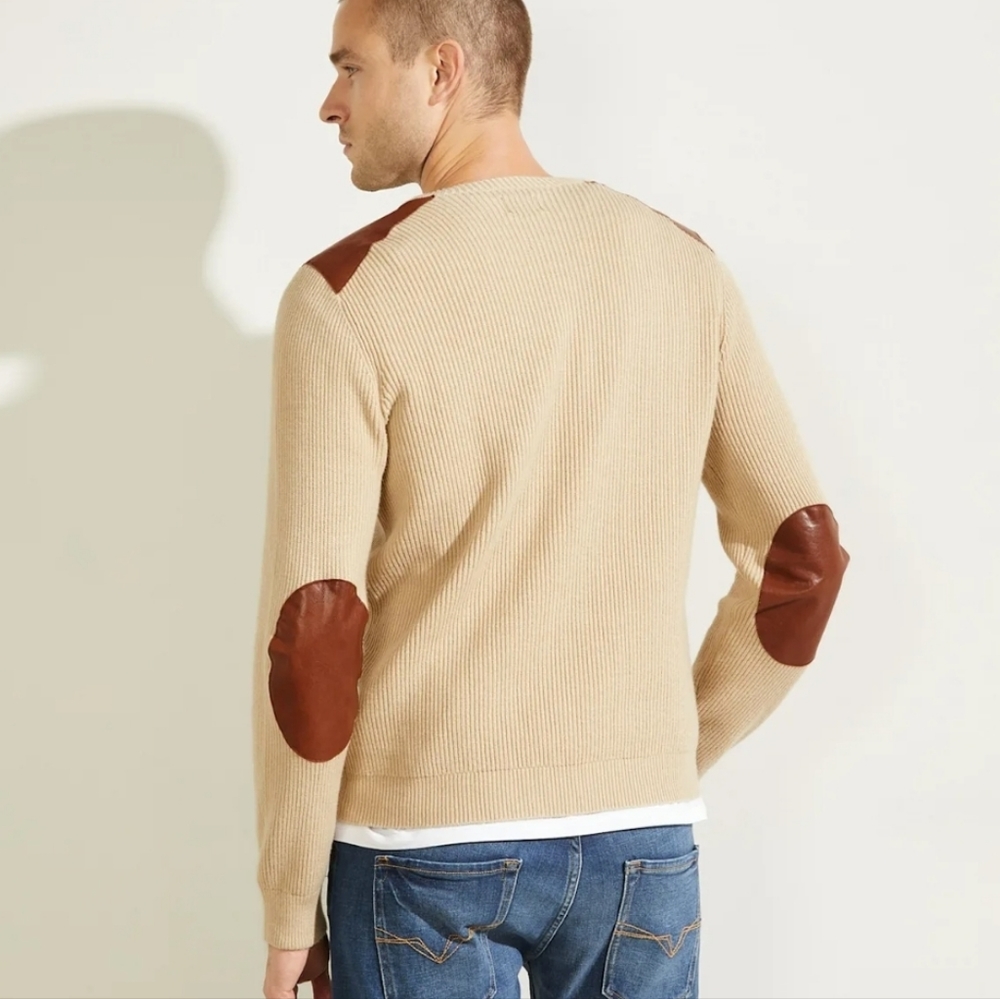 Leather Patched, Beige Sweater